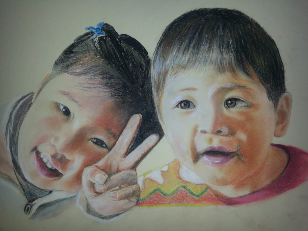 expression on faces of a boy and girl. pastel portrait designed by a portrait artists in Brisbane