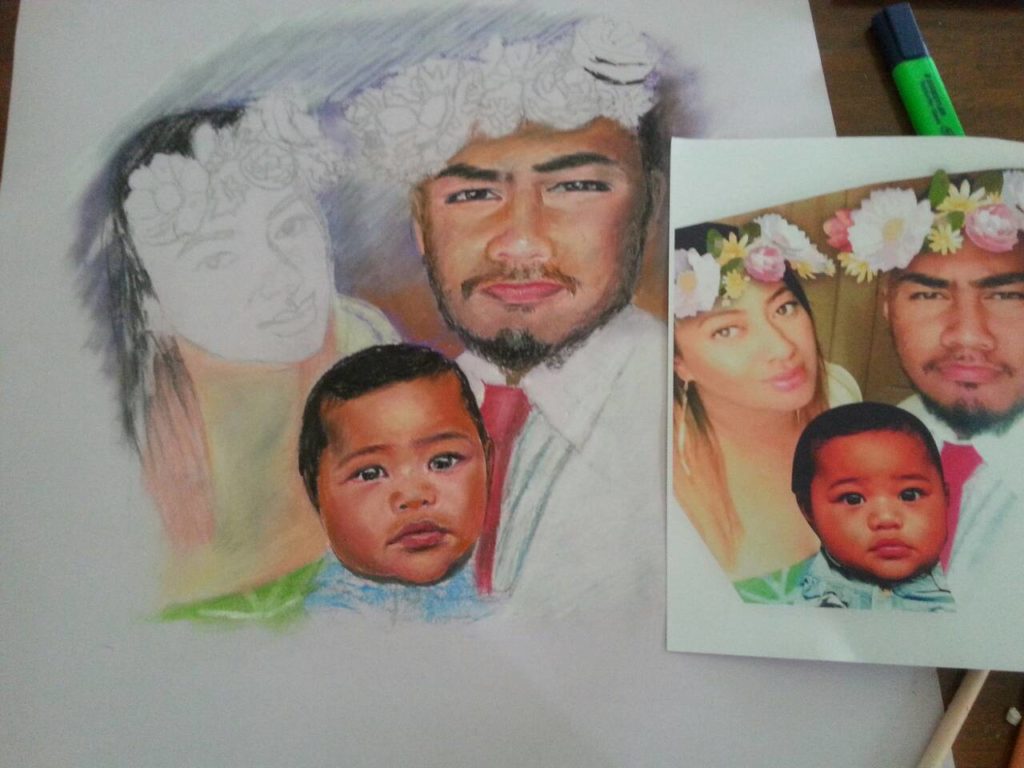 Step 3 artist creating pastel portrait of family of 3