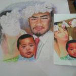 Step 3 artist creating pastel portrait of family of 3
