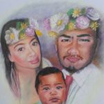 Step 4 artist creating pastel portrait of family of 3